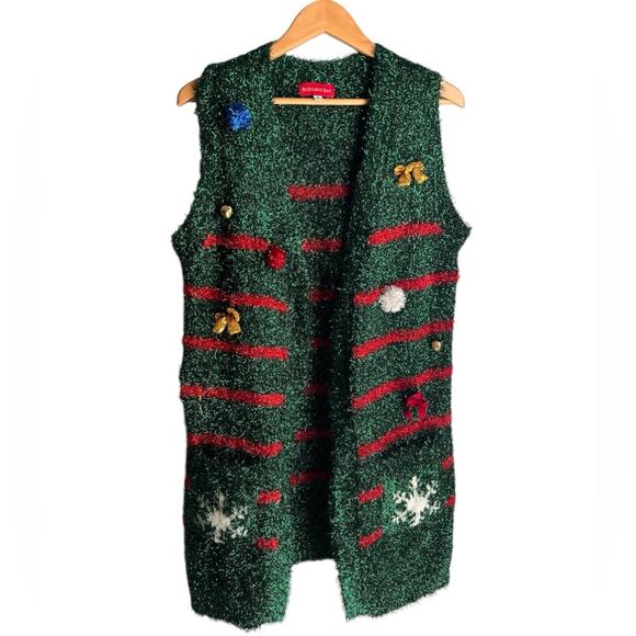 Blizzard Bay Tacky Christmas Long Sweater Vest Tinsel Green Red Embellishment M - Picture 1 of 9